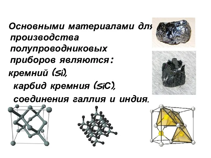 Основными материалами для производства полупроводниковых приборов являются: кремний (Si), карбид кремния (SiС), соединения галлия и индия.