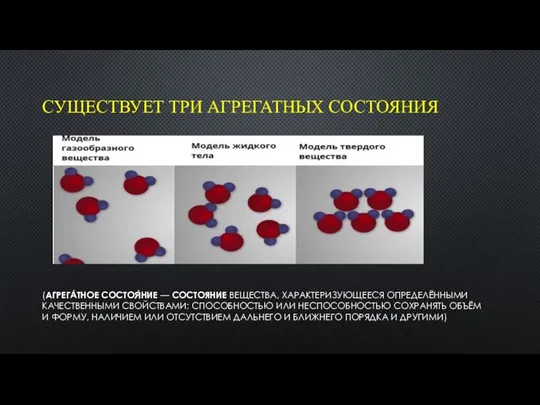 СУЩЕСТВУЕТ ТРИ АГРЕГАТНЫХ СОСТОЯНИЯ (АГРЕГА́ТНОЕ СОСТОЯ́НИЕ — СОСТОЯНИЕ ВЕЩЕСТВА, ХАРАКТЕРИЗУЮЩЕЕСЯ ОПРЕДЕЛЁННЫМИ