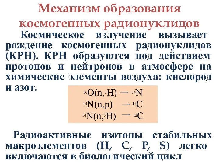 Механизм образования космогенных радионуклидов Космическое излучение вызывает рождение космогенных радионуклидов (КРН).