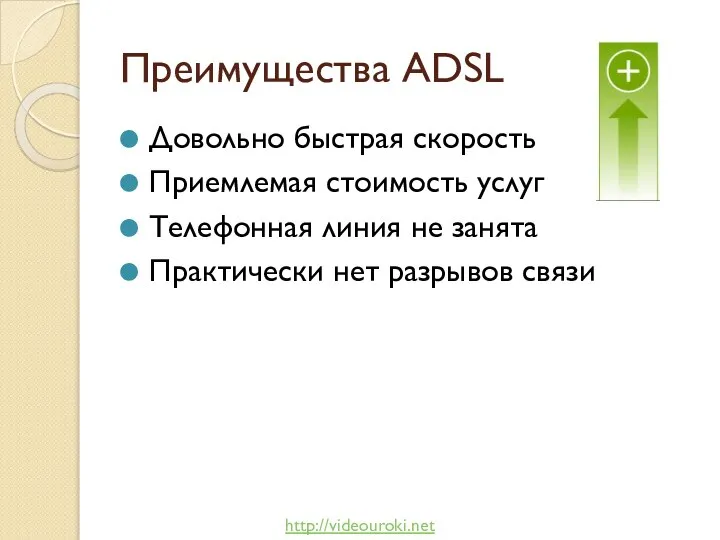 Преимущества ADSL Довольно быстрая скорость Приемлемая стоимость услуг Телефонная линия не