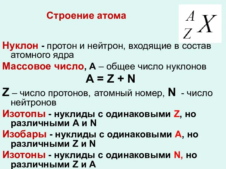 Строение атома Нуклон - протон и нейтрон, входящие в состав атомного