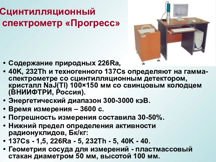 Содержание природных 226Ra, 40K, 232Th и техногенного 137Cs определяют на гамма-спектрометре