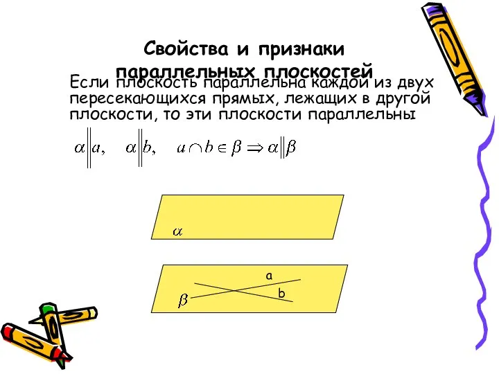 Свойства и признаки параллельных плоскостей Если плоскость параллельна каждой из двух