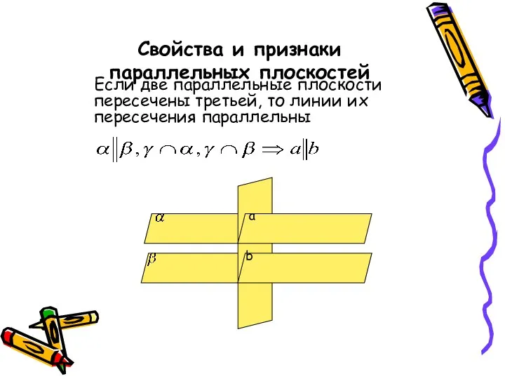 Свойства и признаки параллельных плоскостей Если две параллельные плоскости пересечены третьей,