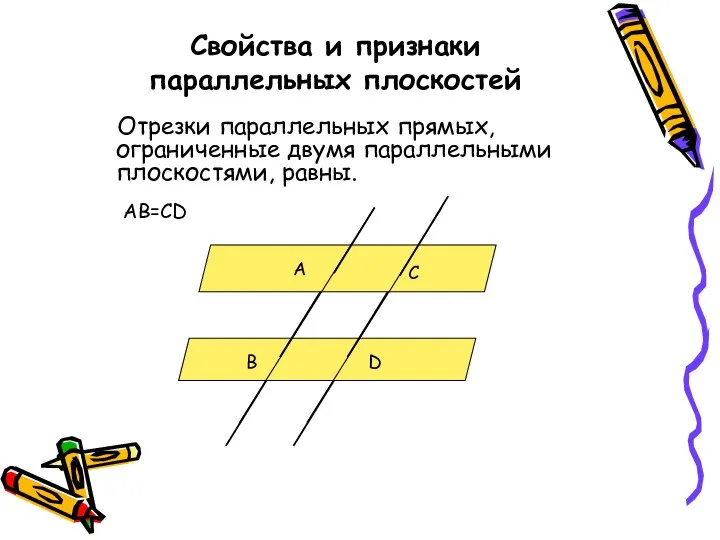 Свойства и признаки параллельных плоскостей Отрезки параллельных прямых, ограниченные двумя параллельными плоскостями, равны. AB=CD