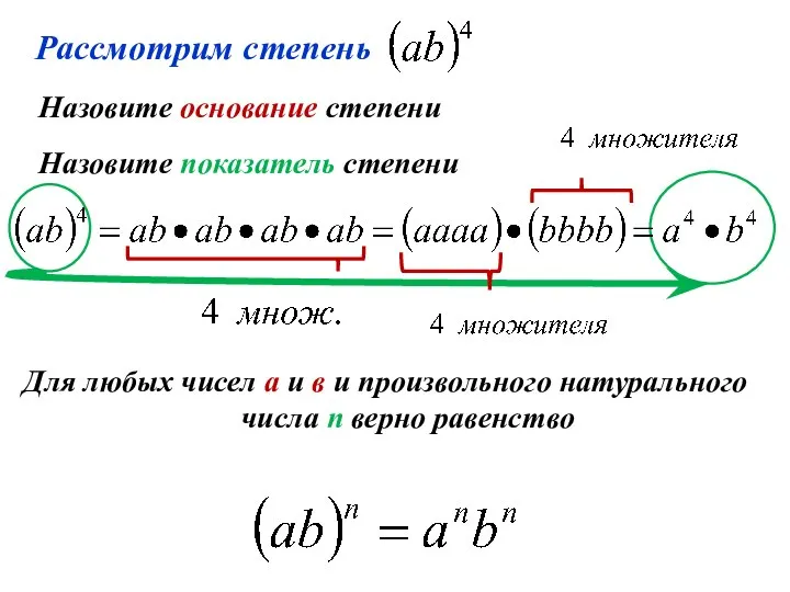 Назовите показатель степени Назовите основание степени Для любых чисел а и