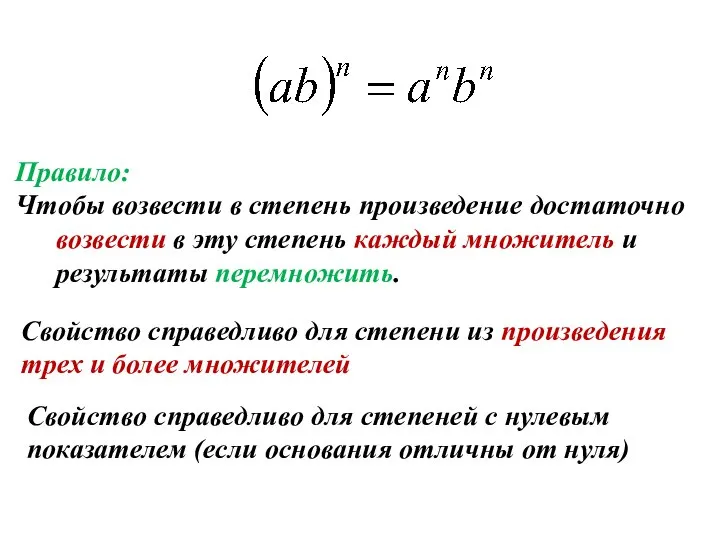 Правило: Чтобы возвести в степень произведение достаточно возвести в эту степень