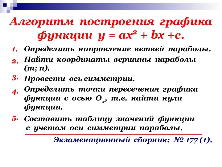 Алгоритм построения графика функции у = ах2 + bх +с. 1.