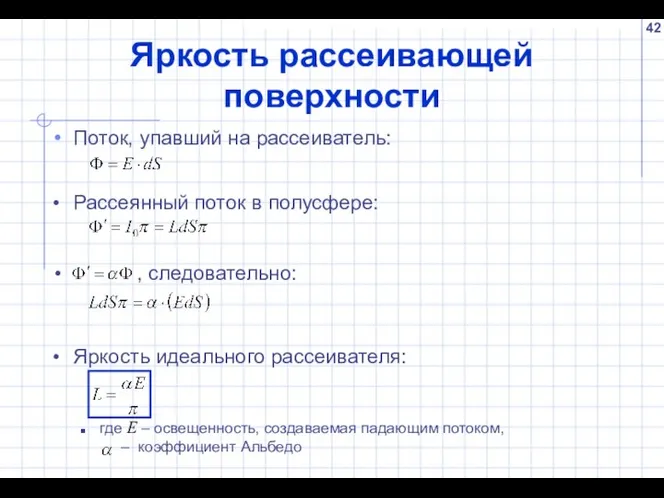 Яркость рассеивающей поверхности Поток, упавший на рассеиватель: