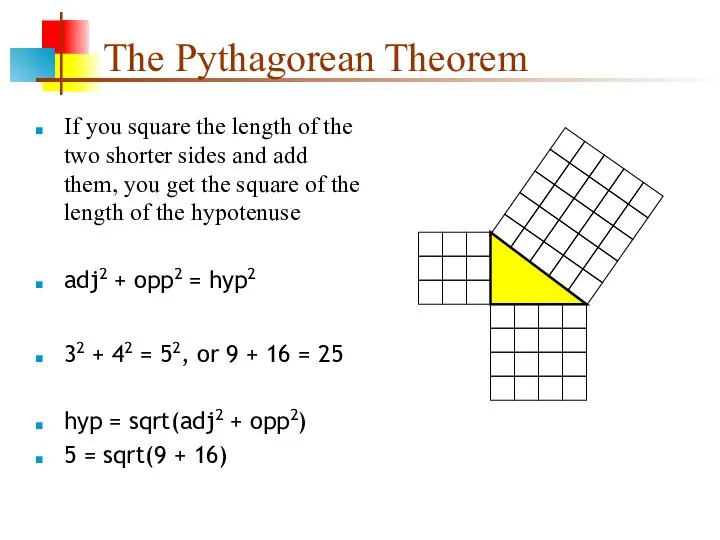 The Pythagorean Theorem If you square the length of the two