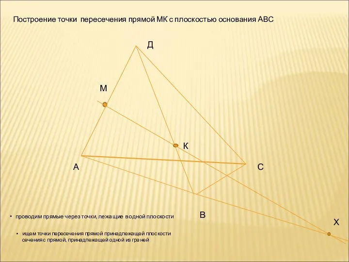 Построение точки пересечения прямой МК с плоскостью основания АВС А В