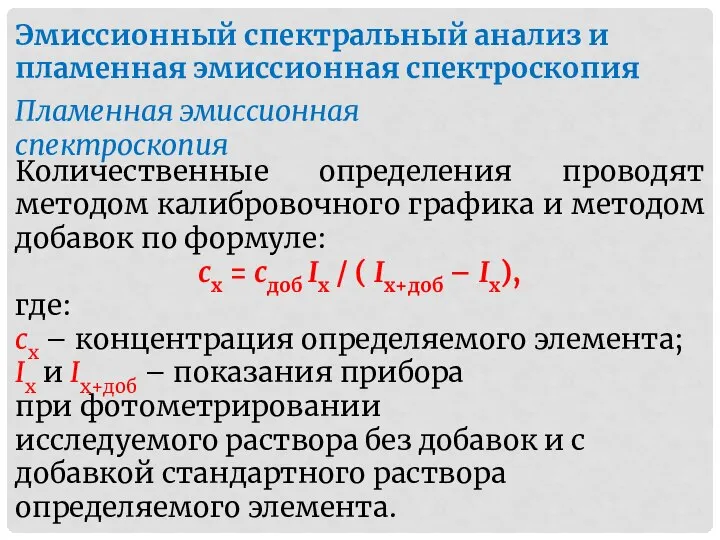 Пламенная эмиссионная спектроскопия Количественные определения проводят методом калибровочного графика и методом