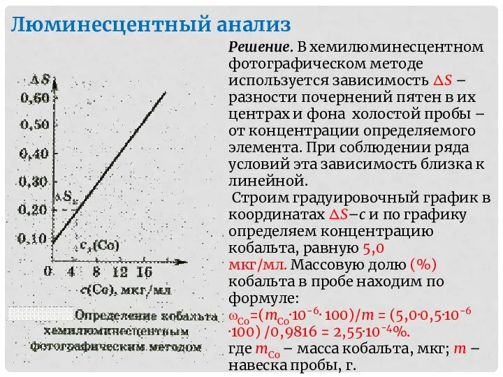 Люминесцентный анализ Решение. В хемилюминесцентном фотографическом методе используется зависимость ΔS –