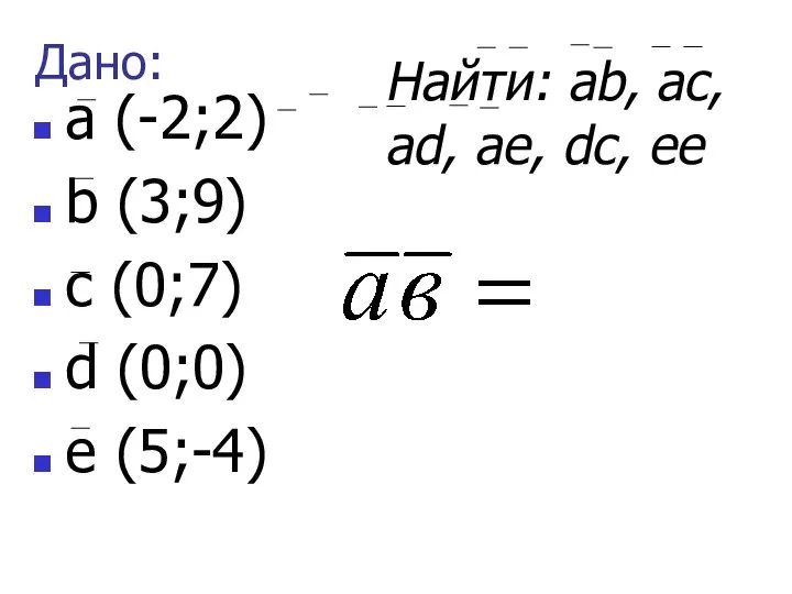 а (-2;2) b (3;9) с (0;7) d (0;0) е (5;-4) Дано: