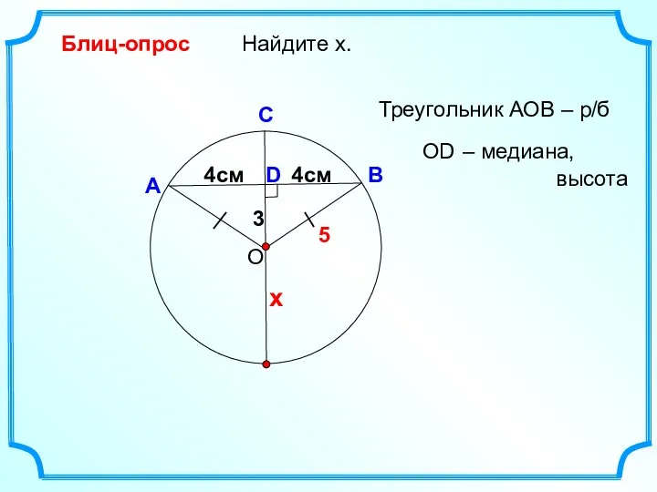 3 D Найдите х. О В А С Блиц-опрос Треугольник АОВ