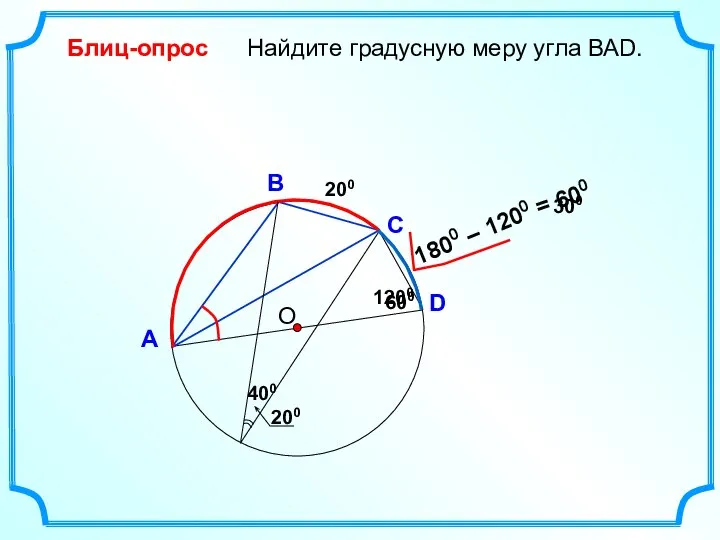 = 600 Найдите градусную меру угла ВАD. О В А D