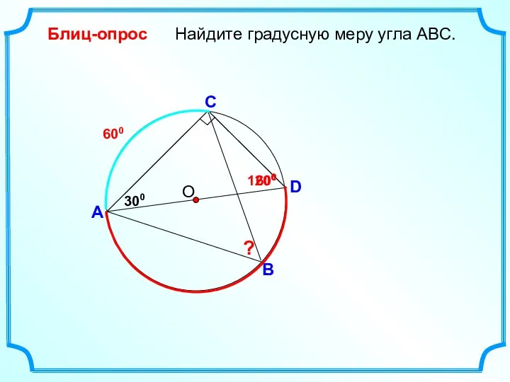 D Найдите градусную меру угла ABC. О A B Блиц-опрос C 300 ? 600 1200 600