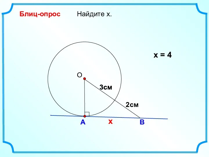 Найдите х. О А В Блиц-опрос х = 4 2см 3см х 3см