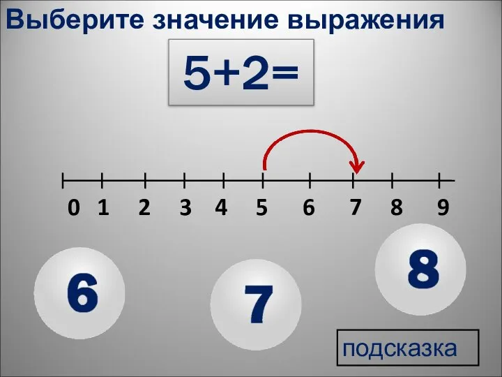 0 1 2 3 4 5 6 7 8 9 подсказка Выберите значение выражения 5+2=