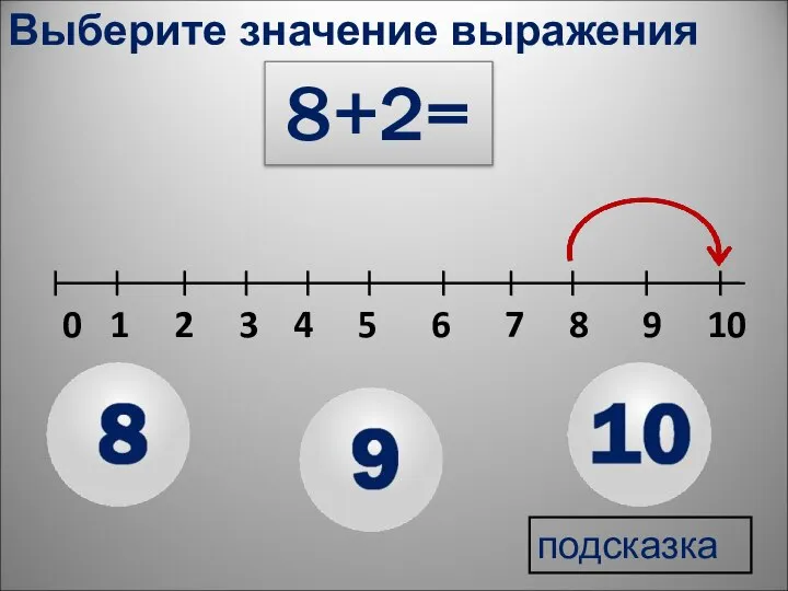 0 1 2 3 4 5 6 7 8 9 10 подсказка Выберите значение выражения 8+2=