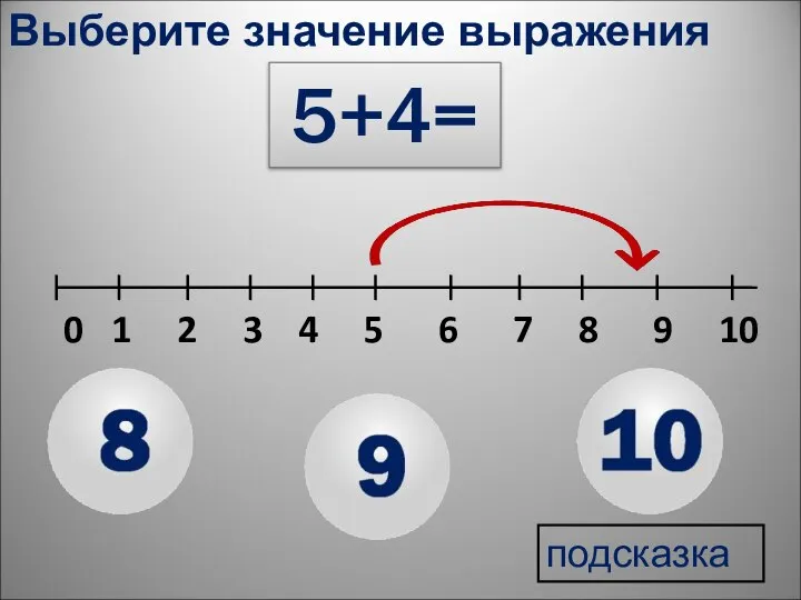 0 1 2 3 4 5 6 7 8 9 10 подсказка Выберите значение выражения 5+4=