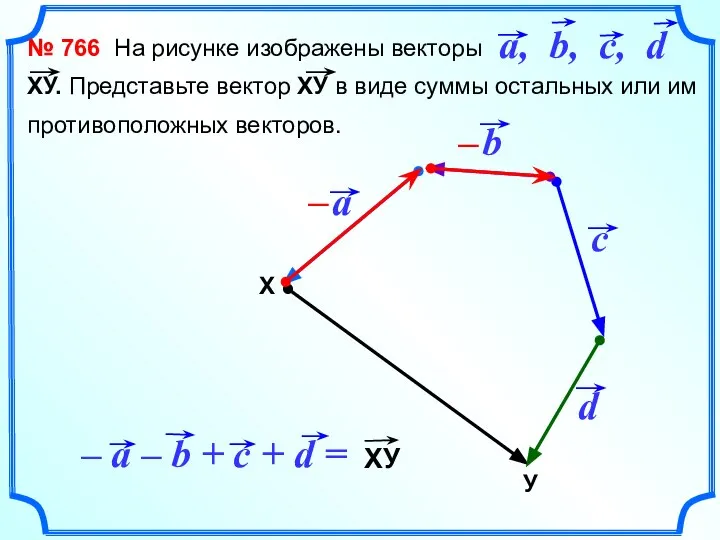 № 766 На рисунке изображены векторы ХУ. Представьте вектор ХУ в