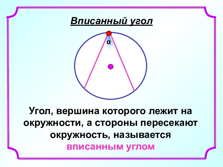 Вписанный угол Угол, вершина которого лежит на окружности, а стороны пересекают окружность, называется вписанным углом