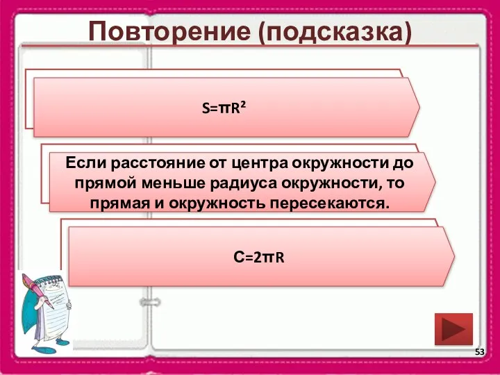 Повторение (подсказка) По какой формуле можно вычислить площадь круга? При каком