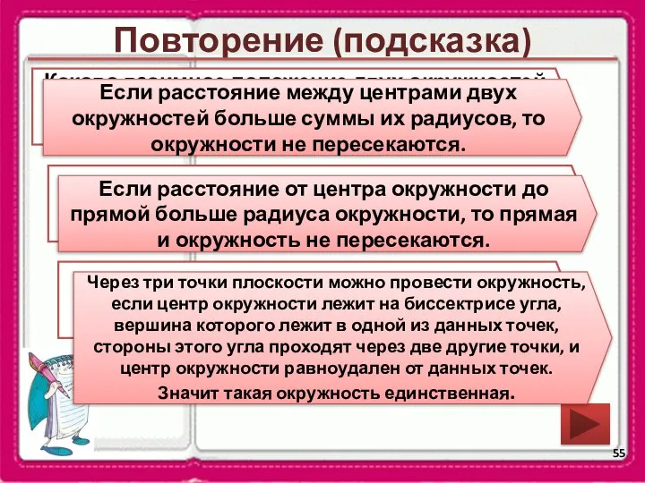 Повторение (подсказка) Каково взаимное положение двух окружностей, если расстояние между их