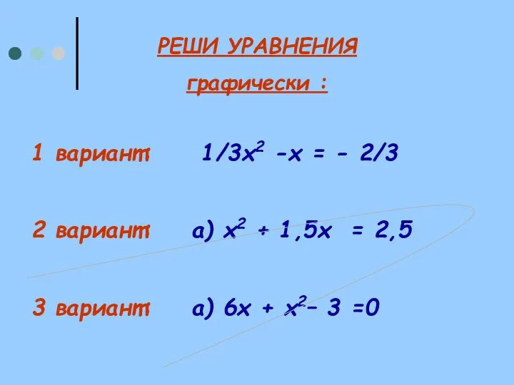 РЕШИ УРАВНЕНИЯ графически : 1 вариант: 1/3х2 -х = - 2/3