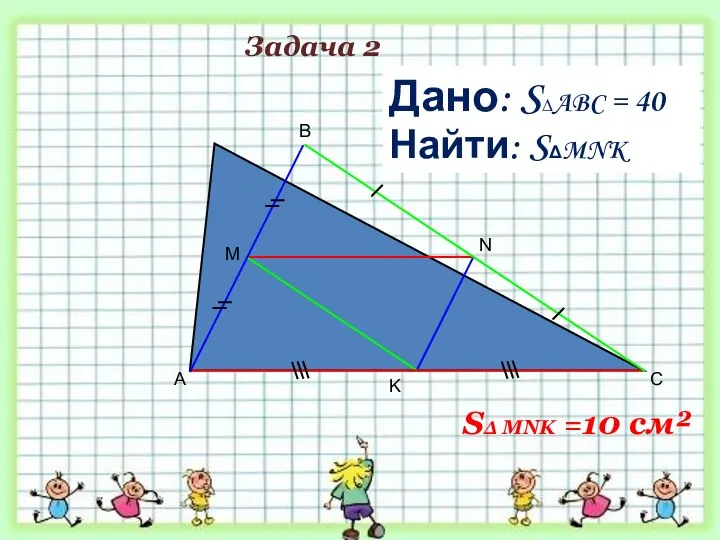 A B C M Дано: S∆ABC = 40 см² Найти: SΔMNK