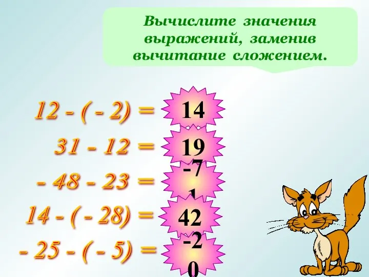 Вычислите значения выражений, заменив вычитание сложением. 12 - ( - 2)