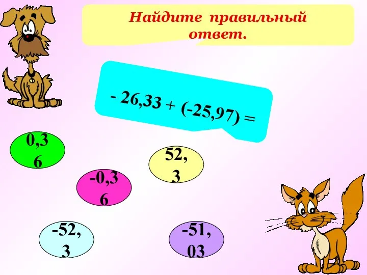 Найдите правильный ответ. - 26,33 + (-25,97) = 0,36 52,3 -51,03 -52,3 -0,36