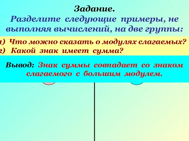 Задание. Разделите следующие примеры, не выполняя вычислений, на две группы: 4