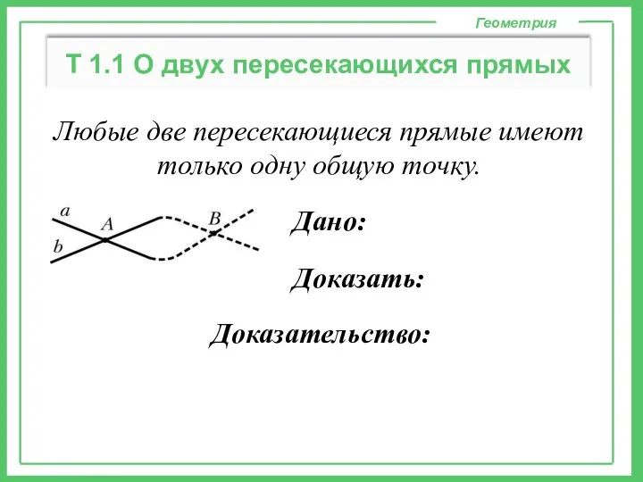 Геометрия Т 1.1 О двух пересекающихся прямых Любые две пересекающиеся прямые