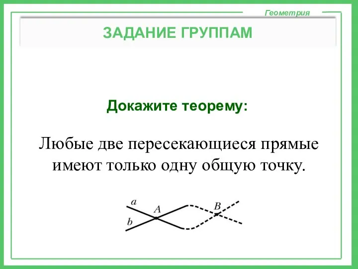 Докажите теорему: Геометрия ЗАДАНИЕ ГРУППАМ Любые две пересекающиеся прямые имеют только одну общую точку.