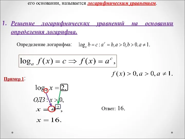 Уравнение, содержащее неизвестное под знаком логарифма или (и) в его основании,