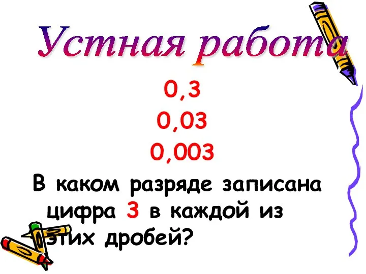 0,3 0,03 0,003 В каком разряде записана цифра 3 в каждой из этих дробей? Устная работа