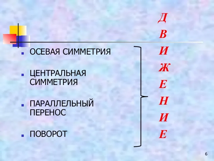 ОСЕВАЯ СИММЕТРИЯ ЦЕНТРАЛЬНАЯ СИММЕТРИЯ ПАРАЛЛЕЛЬНЫЙ ПЕРЕНОС ПОВОРОТ Д В И Ж Е Н И Е