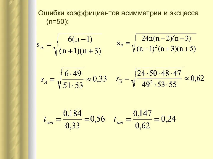 Ошибки коэффициентов асимметрии и эксцесса (n=50):