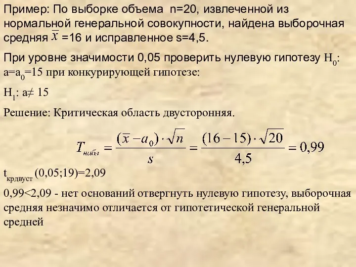 Пример: По выборке объема n=20, извлеченной из нормальной генеральной совокупности, найдена