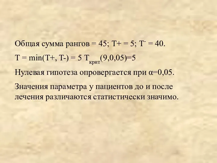 Общая сумма рангов = 45; Т+ = 5; T- = 40.