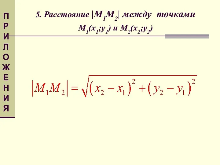 5. Расстояние |M1M2| между точками М1(х1;у1) и М2(х2;у2) ПРИЛОЖЕНИЯ