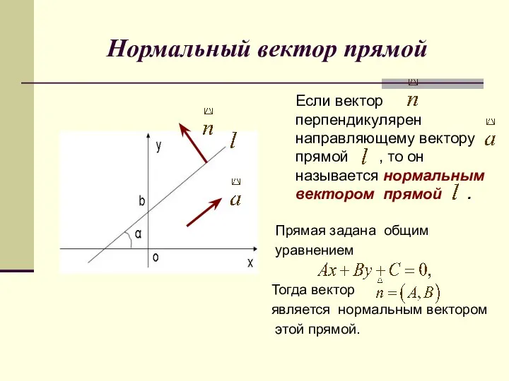 Нормальный вектор прямой Если вектор перпендикулярен направляющему вектору прямой , то