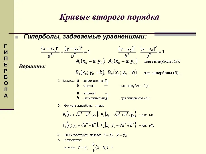 Гиперболы, задаваемые уравнениями: Кривые второго порядка Вершины: