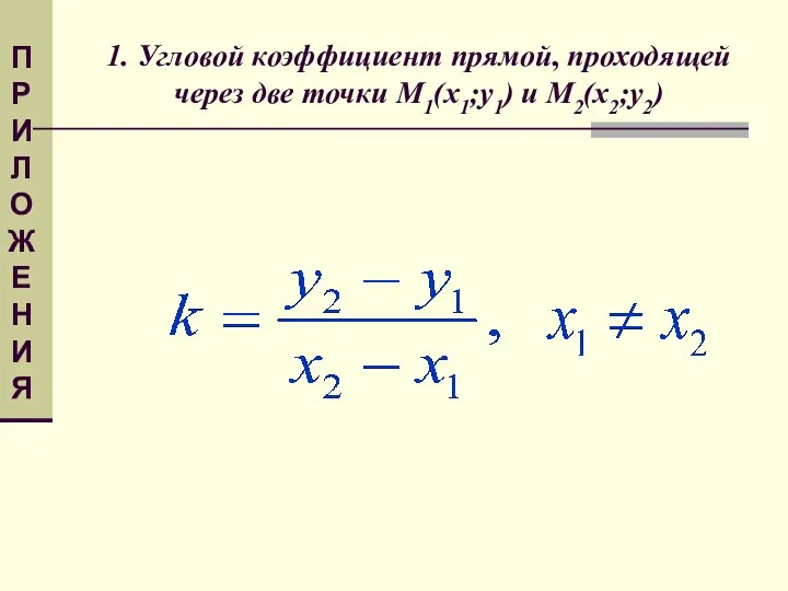 1. Угловой коэффициент прямой, проходящей через две точки М1(х1;у1) и М2(х2;у2) ПРИЛОЖЕНИЯ