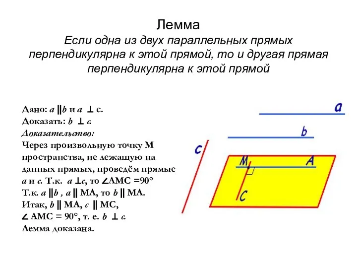 Лемма Если одна из двух параллельных прямых перпендикулярна к этой прямой,