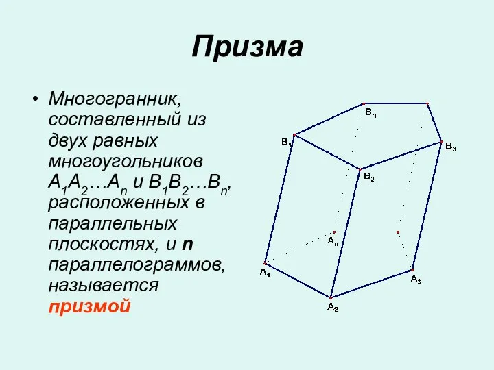 Призма Многогранник, составленный из двух равных многоугольников A1A2…An и B1B2…Bn, расположенных