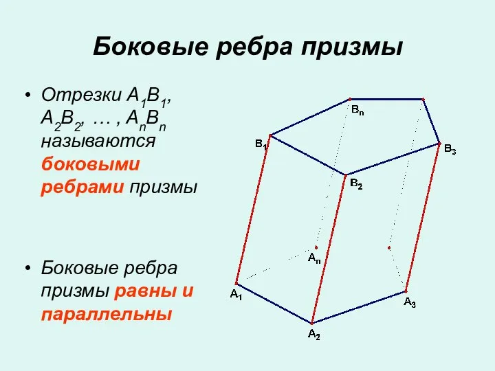 Отрезки A1B1, A2B2, … , AnBn называются боковыми ребрами призмы Боковые