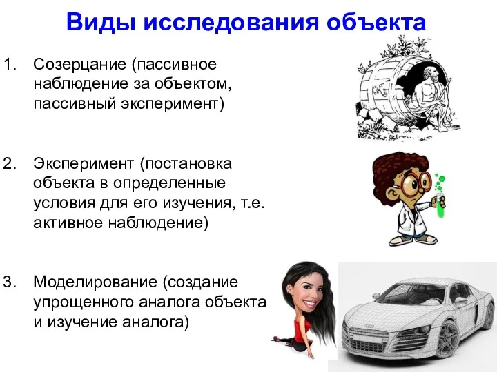 Виды исследования объекта Созерцание (пассивное наблюдение за объектом, пассивный эксперимент) Эксперимент